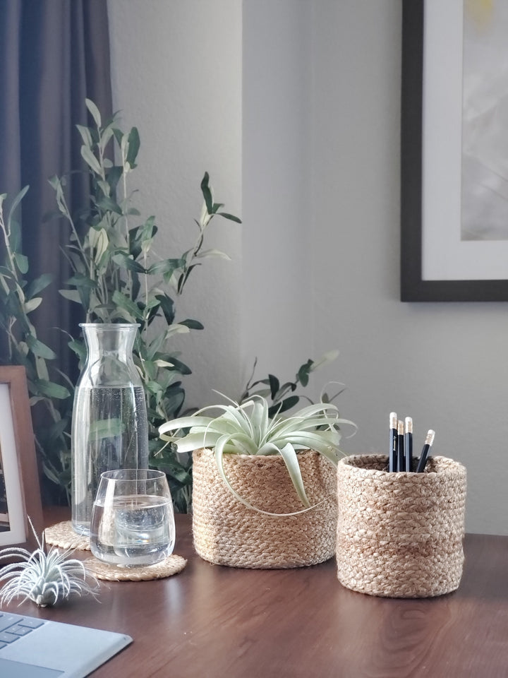 Natural jute round storage basket, hand-braided for bathroom or pantry organization