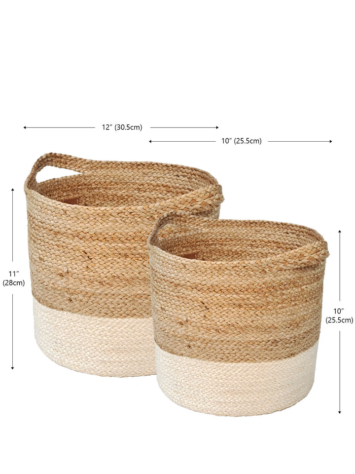 Rectangular jute storage basket in natural with white colorblock detail