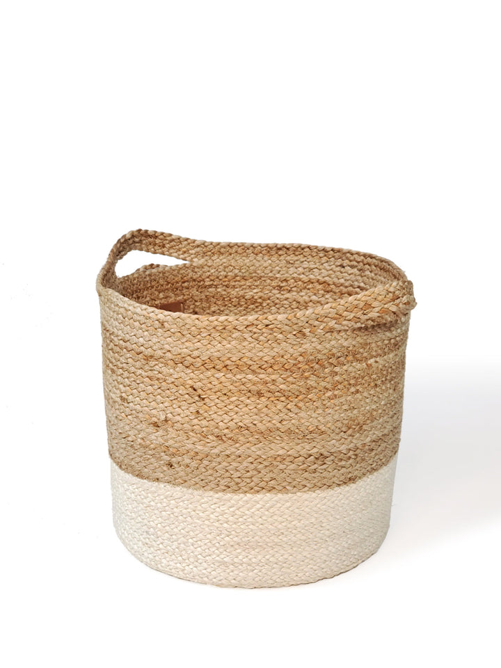 Stylish jute storage basket with two-tone colorblock band, available in two sizes