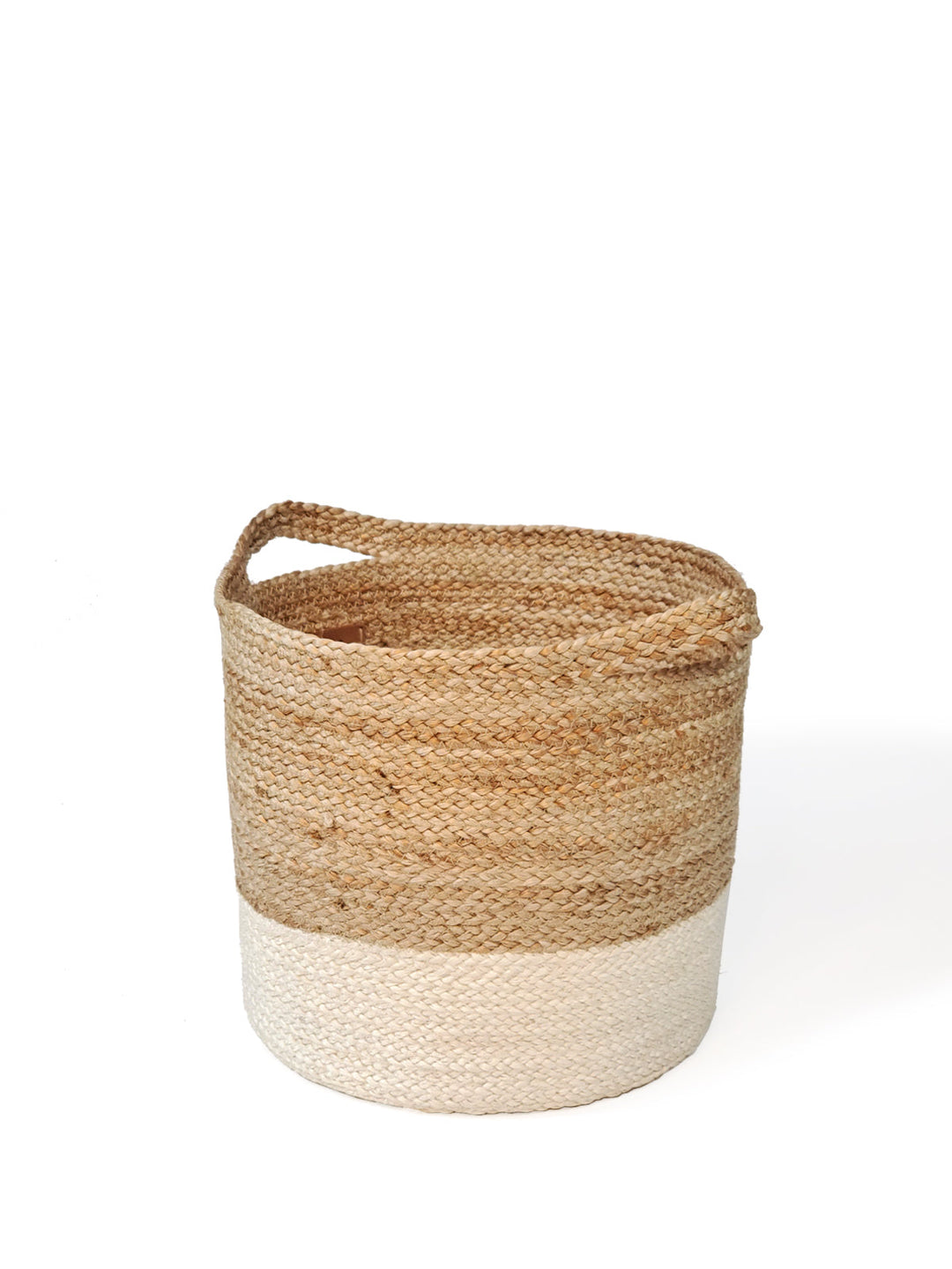 Natural and white colorblock jute basket, handwoven storage and decor accent
