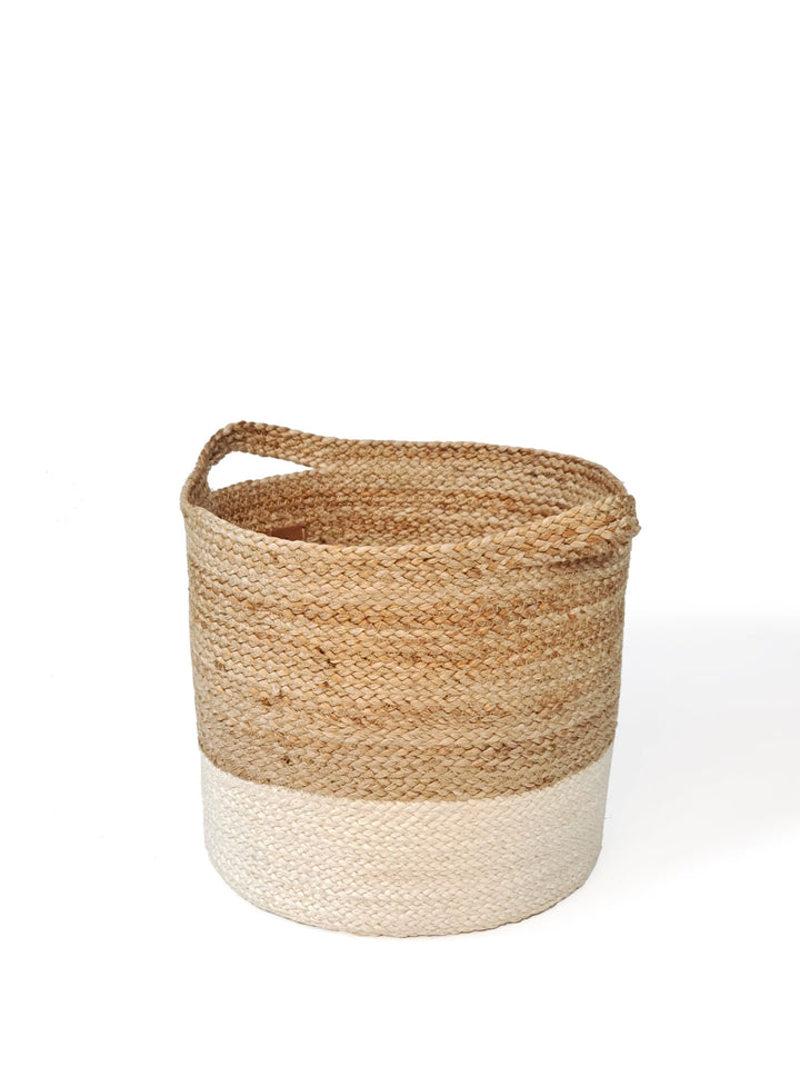Natural and white colorblock jute basket, handwoven storage and decor accent