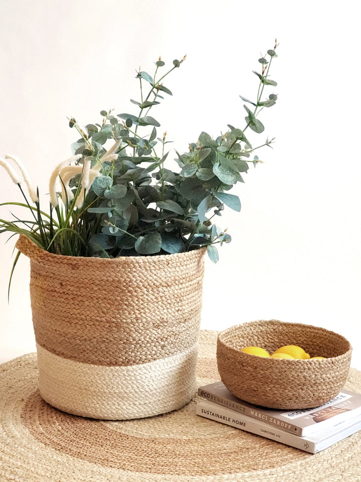 Natural jute colorblock storage basket, hand-braided with white accent