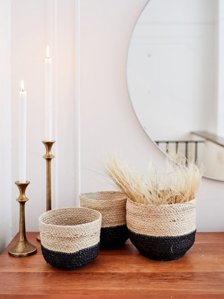 Natural braided jute storage bin for linens and household items