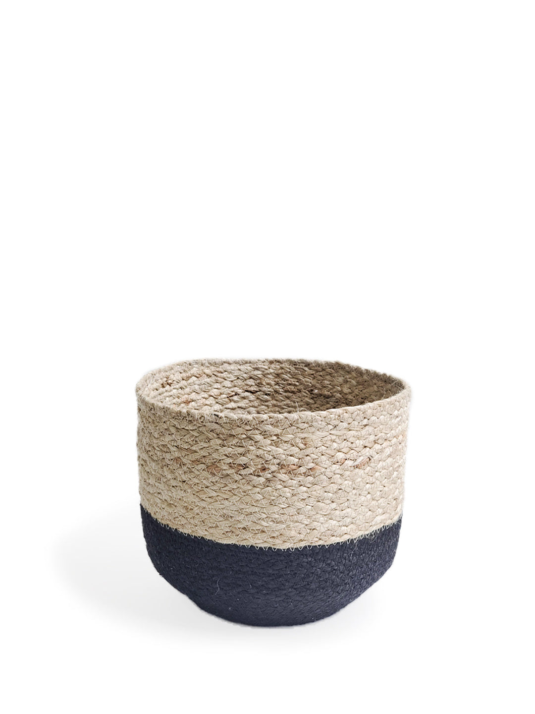 Handwoven natural and black braided jute storage bin with handles