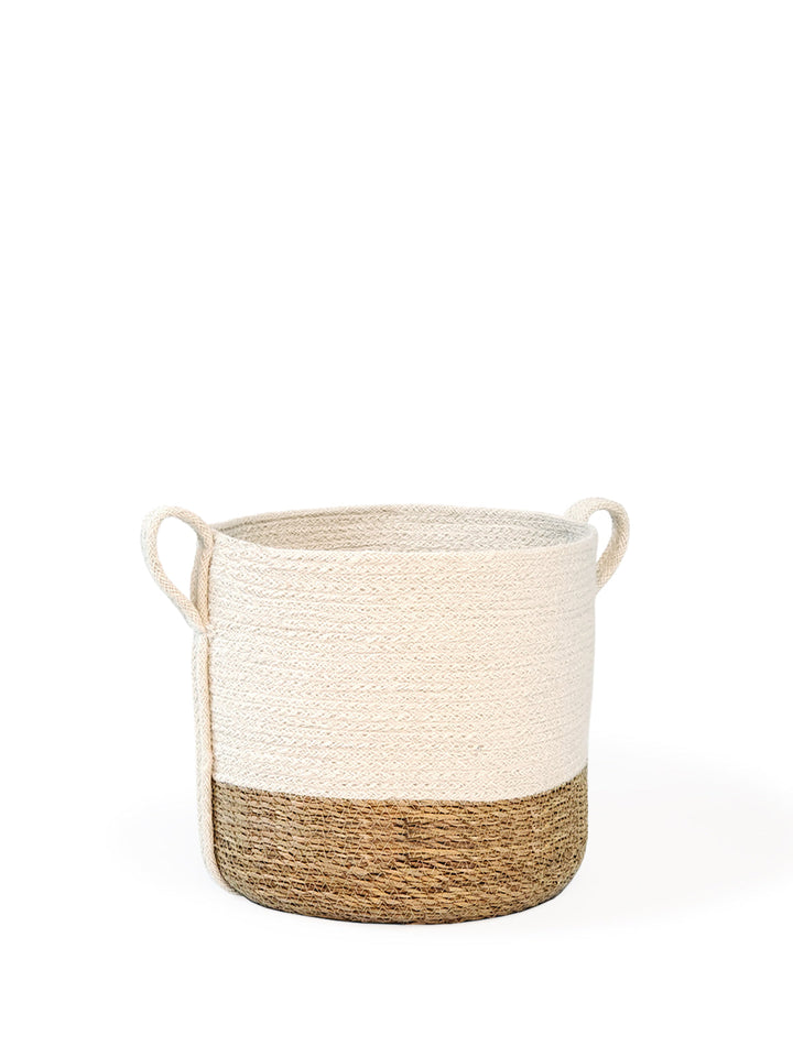 Seagrass and jute storage basket with side handles, handwoven for blankets and toys