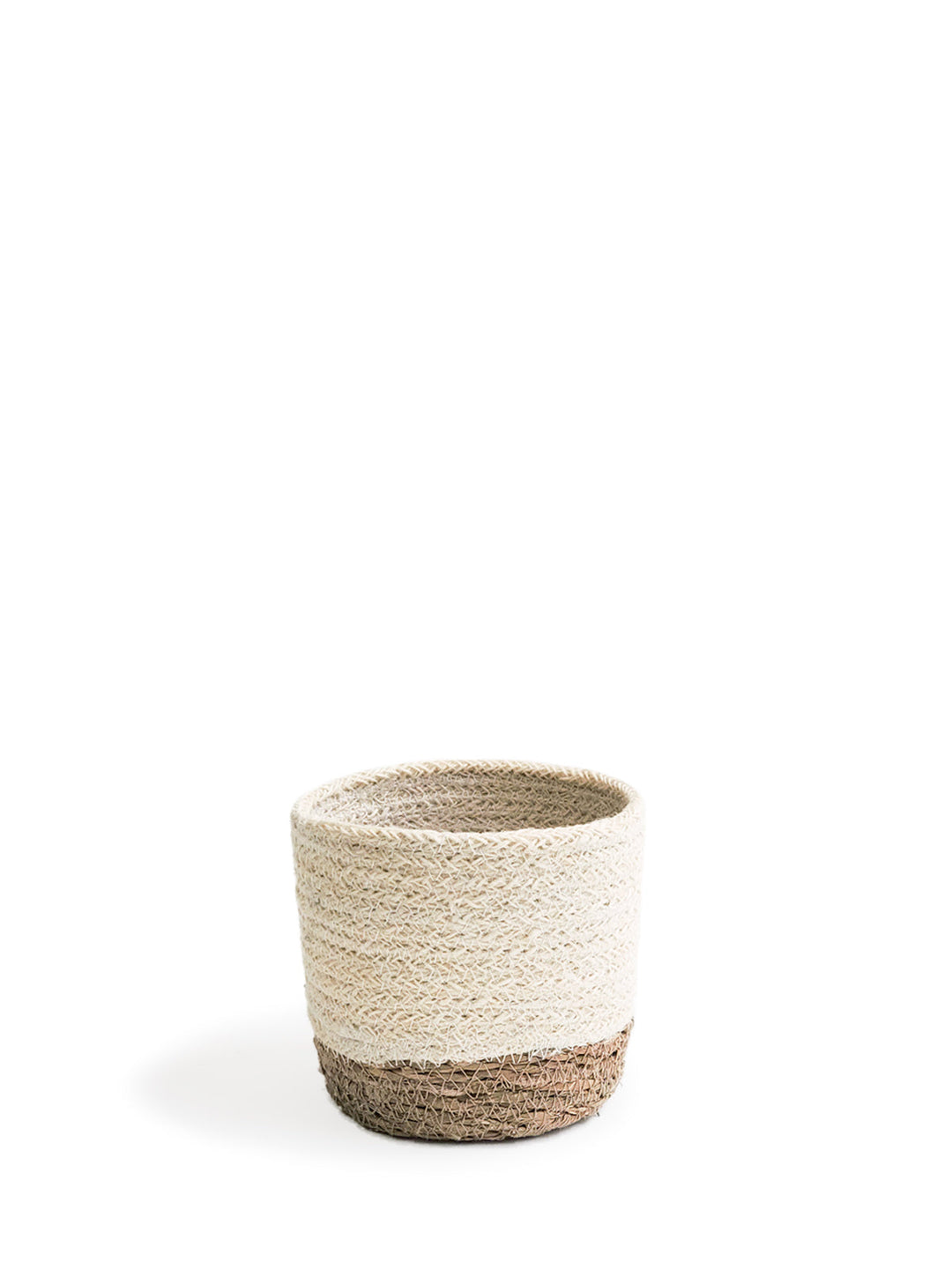 Round natural seagrass storage basket, handwoven with jute accents for organizing