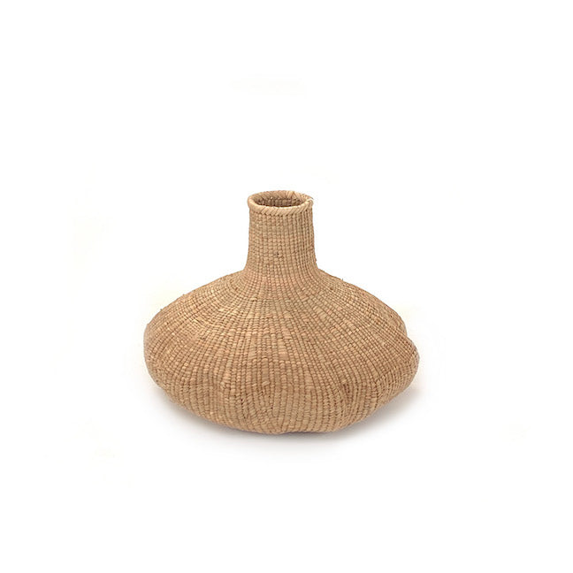 Handwoven Garlic Tonga basket, bulb-like silhouette in wild Ilala palm, rustic Zimbabwean decor.