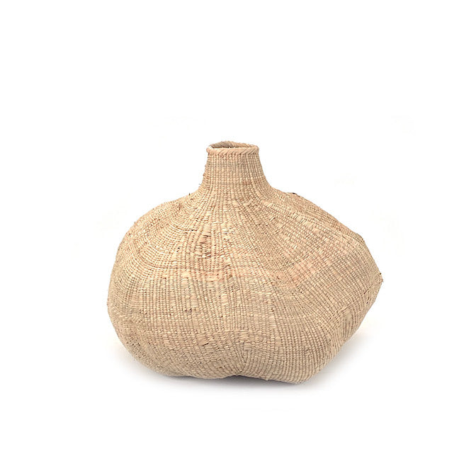 Tonga Sculptural Garlic Basket made from Ilala Palm, designed for storing garlic, with intricate woven pattern and natural finish.