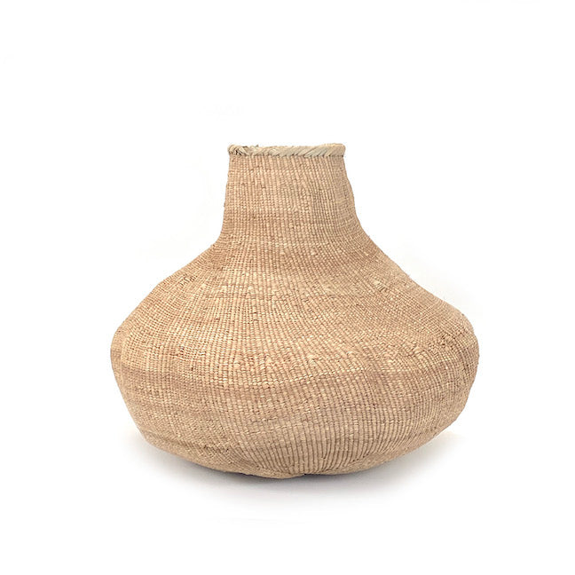 Handwoven Ilala palm Garlic Tonga basket, organic sculptural form for floor or tabletop display.