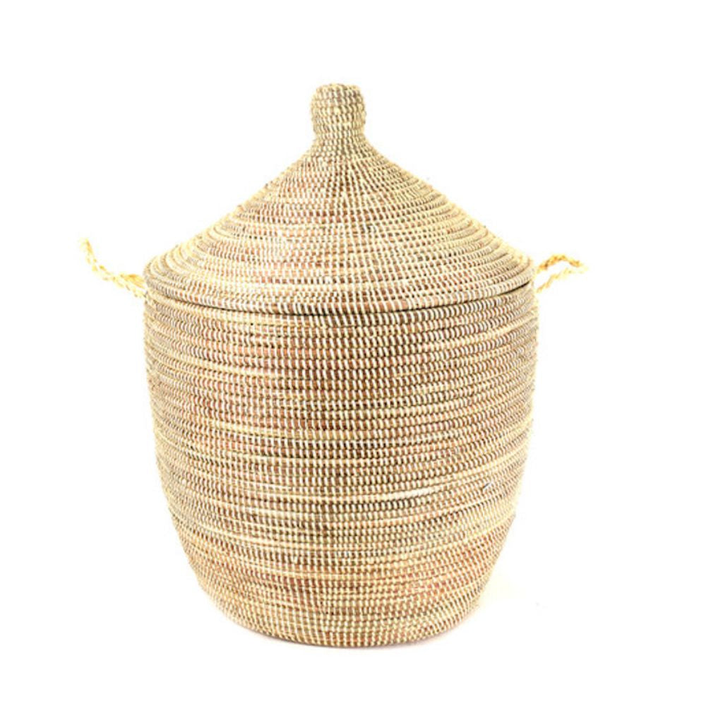 Natural woven lidded storage basket, handwoven millet grass from Senegal