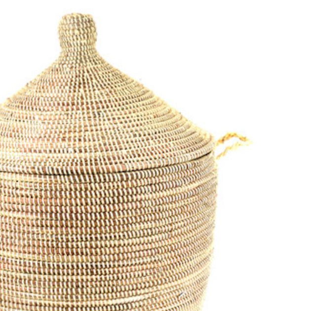 Natural woven storage basket with lid, neutral monochrome design.