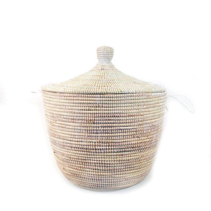 White woven lidded storage basket, handwoven millet grass from Senegal