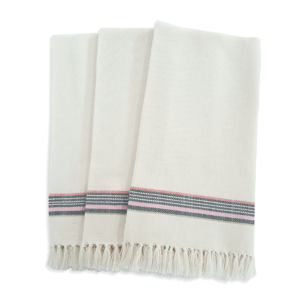 Handwoven cotton fringe napkin from Kenya with hand-knotted fringe edges.
