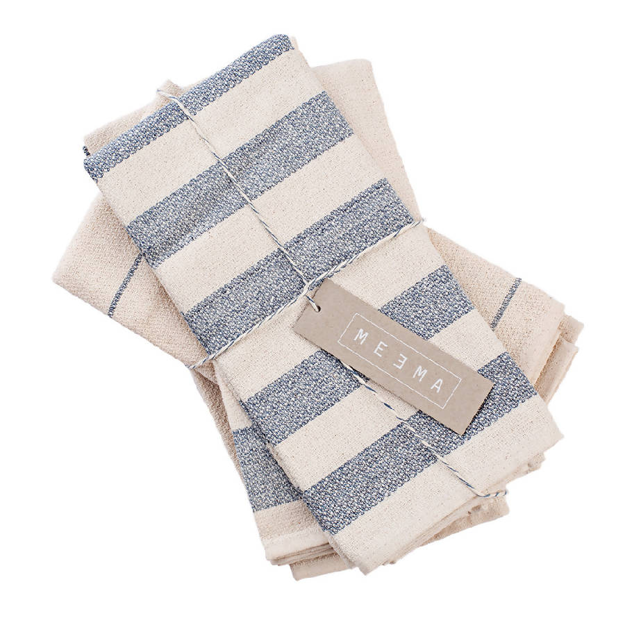 Upcycled cotton kitchen towels with corner hanging loops and a soft, low-lint finish.