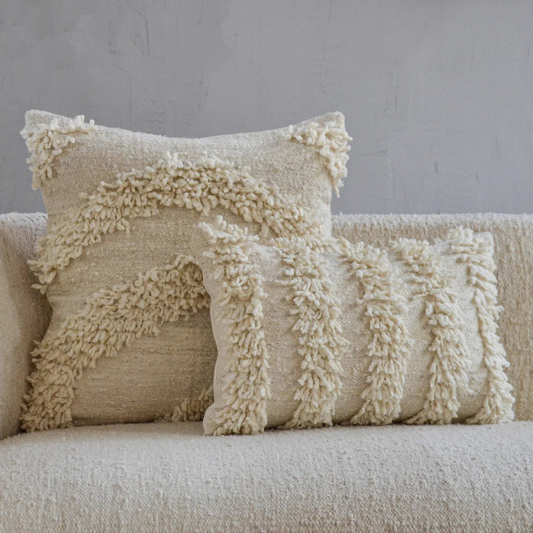 San Antonio pillow cover in hand-spun wool, showing its textured handwoven surface.