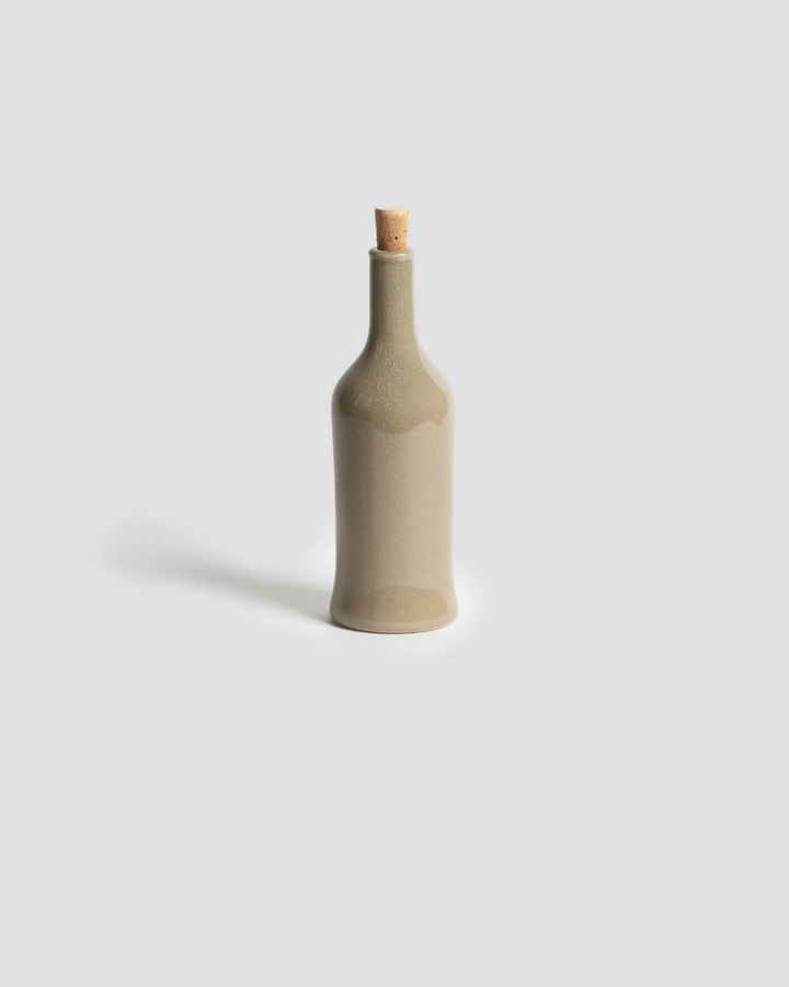 Handmade stoneware olive oil bottle, 21oz, with a secure pour spout, Mediterranean kitchen decor.