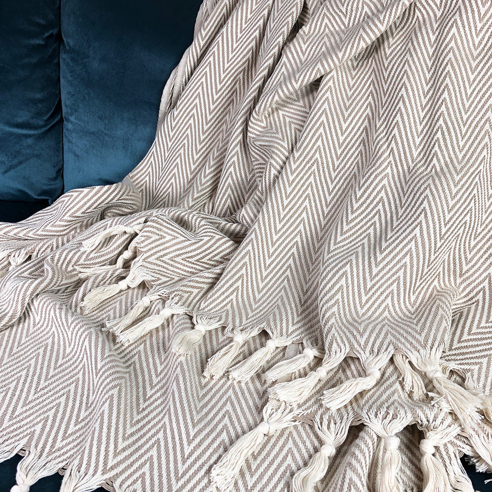 Beige chunky chevron Turkish throw blanket with a textured geometric pattern.