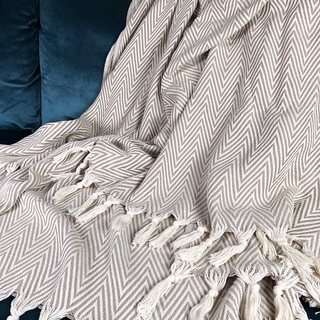 Beige chunky chevron Turkish throw blanket with a textured geometric pattern.
