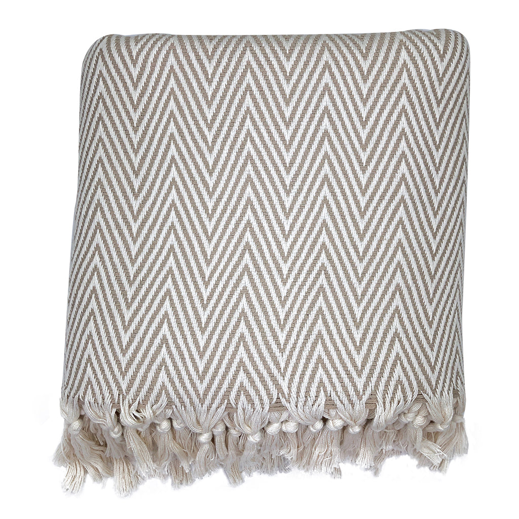Chunky chevron Turkish cotton throw blanket with hand-knotted fringe