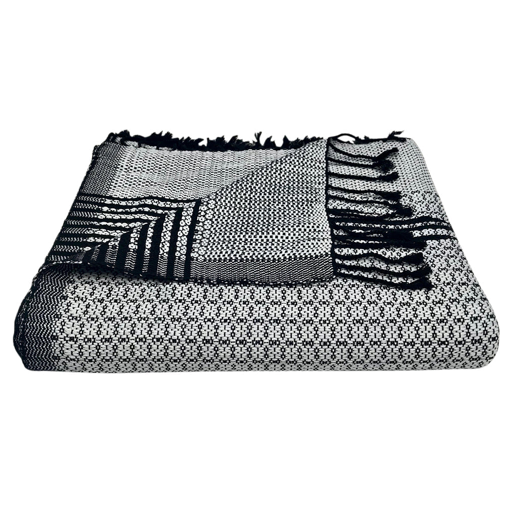 Cambodian handloom organic cotton throw with chevron edge and fringe