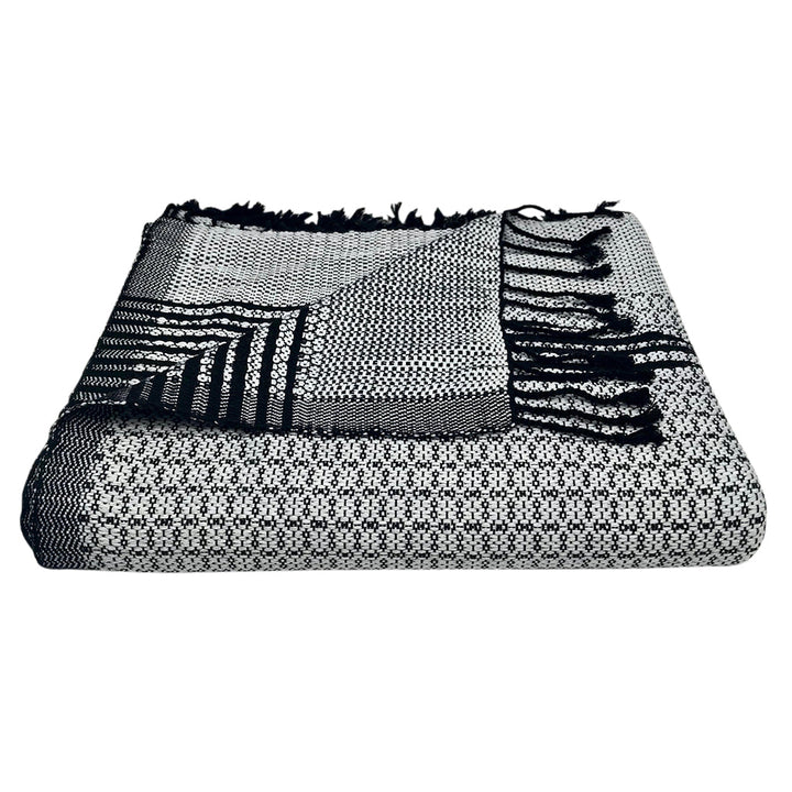 Cambodian handloom organic cotton throw with chevron edge and fringe