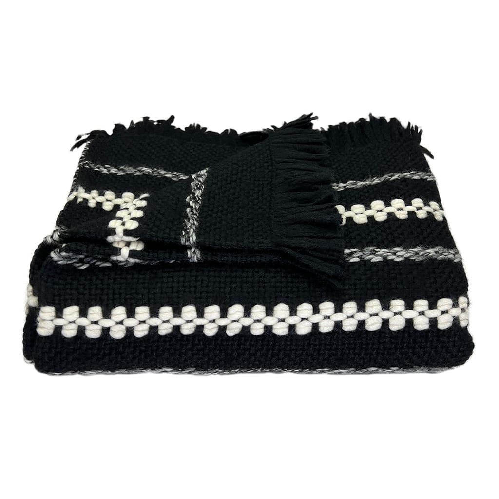 Folded black and cream striped chunky alpaca throw blanket with fringe