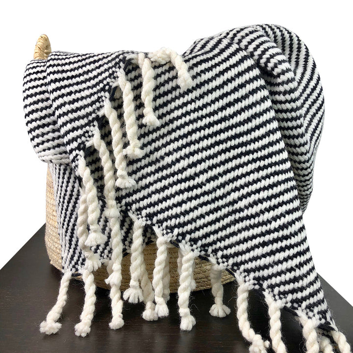 Chunky black stripe alpaca throw blanket with warm, woven texture and bold stripes.
