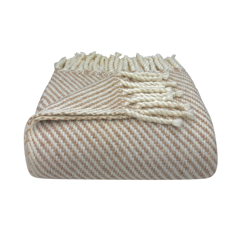 Chunky camel and cream striped alpaca throw blanket, soft and cozy.