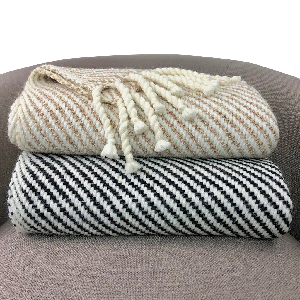 Chunky camel and cream striped alpaca throw blanket, cozy and soft.