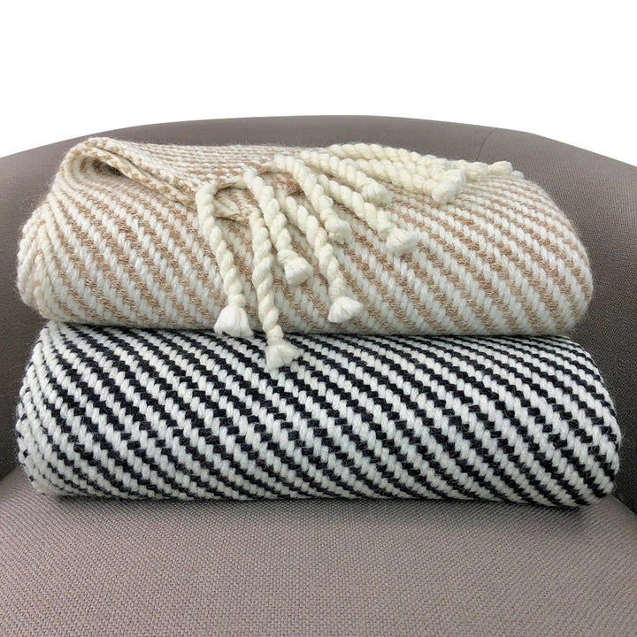 Chunky camel and cream striped alpaca throw blanket, cozy and soft.
