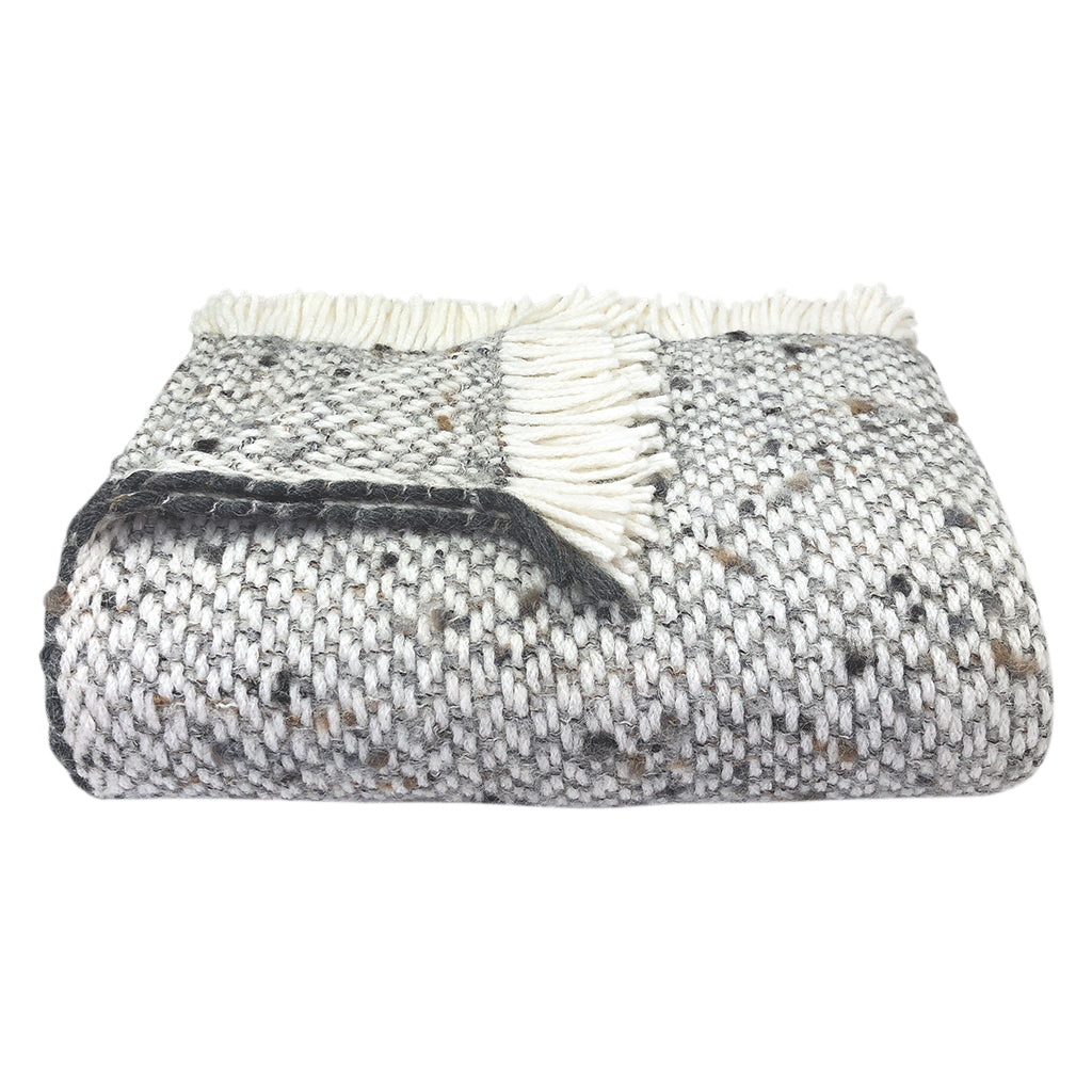 Chunky gray weave alpaca throw blanket, soft and textured for warmth.