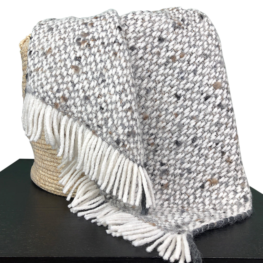 Chunky gray weave alpaca throw blanket with soft, textured fabric.