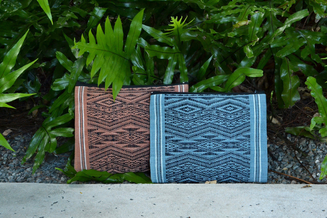 Ocean Tribal clutch with woven design and a tribal pattern.