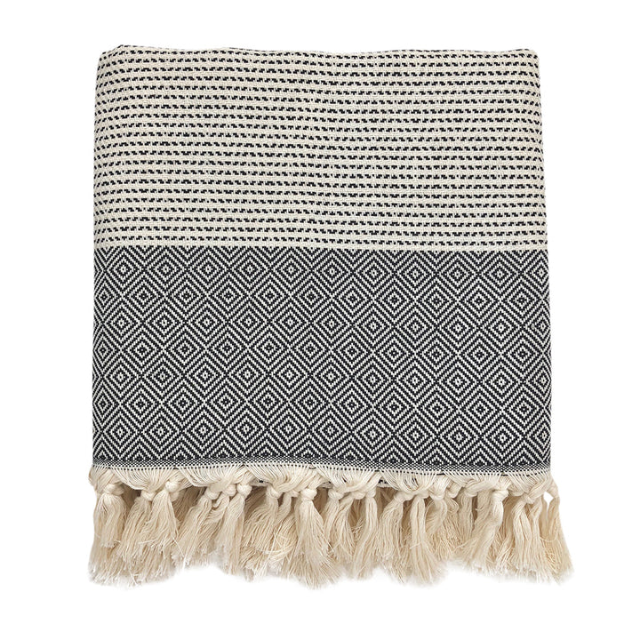 Lilac and gray Turkish throw blanket with a diamond stripe pattern.