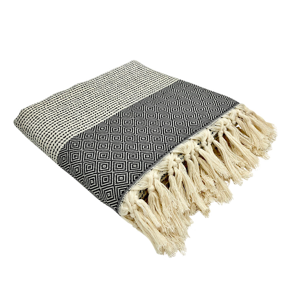Lilac and gray Turkish throw blanket with diamond stripes and soft woven fabric.