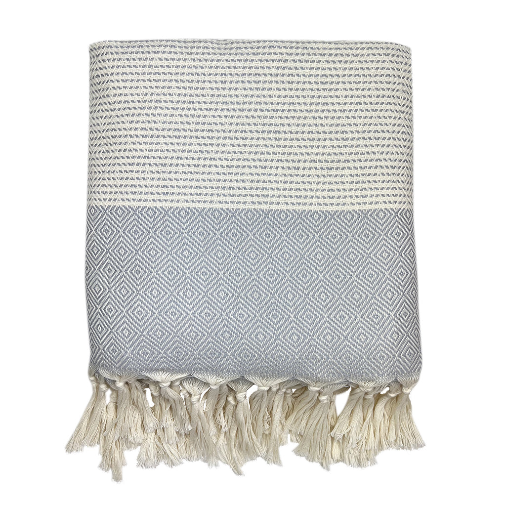 Lilac and gray Turkish throw blanket with a diamond stripe pattern.