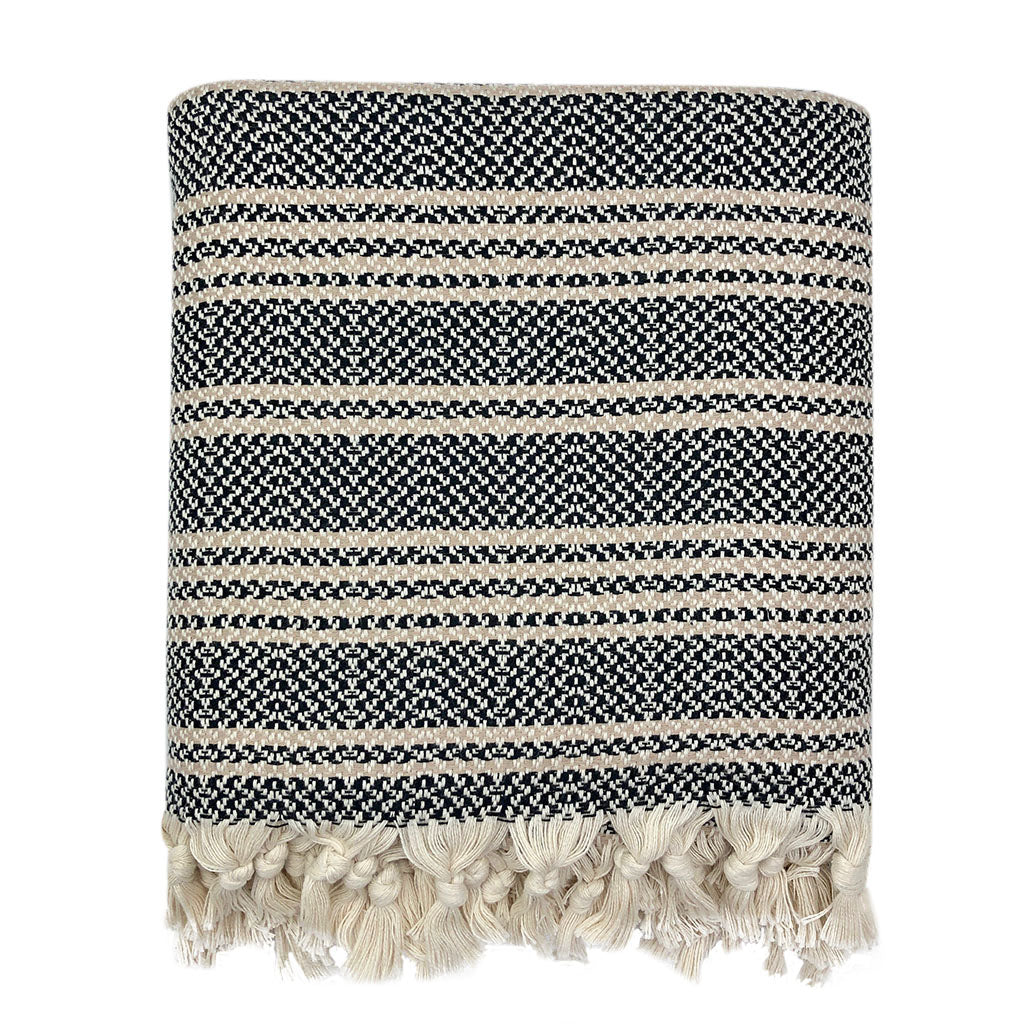 Woven stripe Turkish throw in beige and ivory, soft and cozy for home decor.