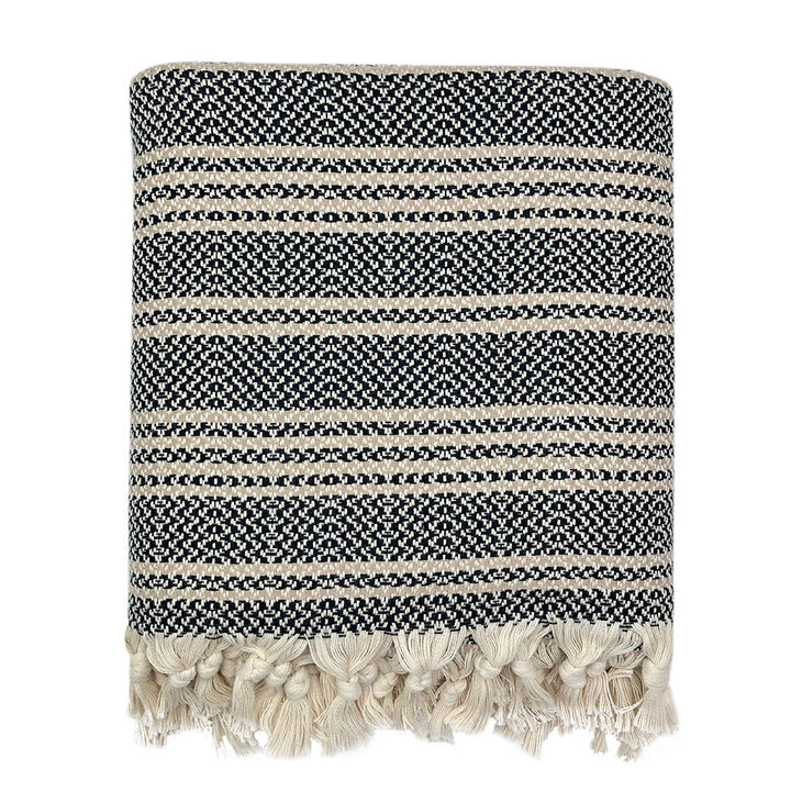 Woven stripe Turkish throw in beige and ivory, soft and cozy for home decor.