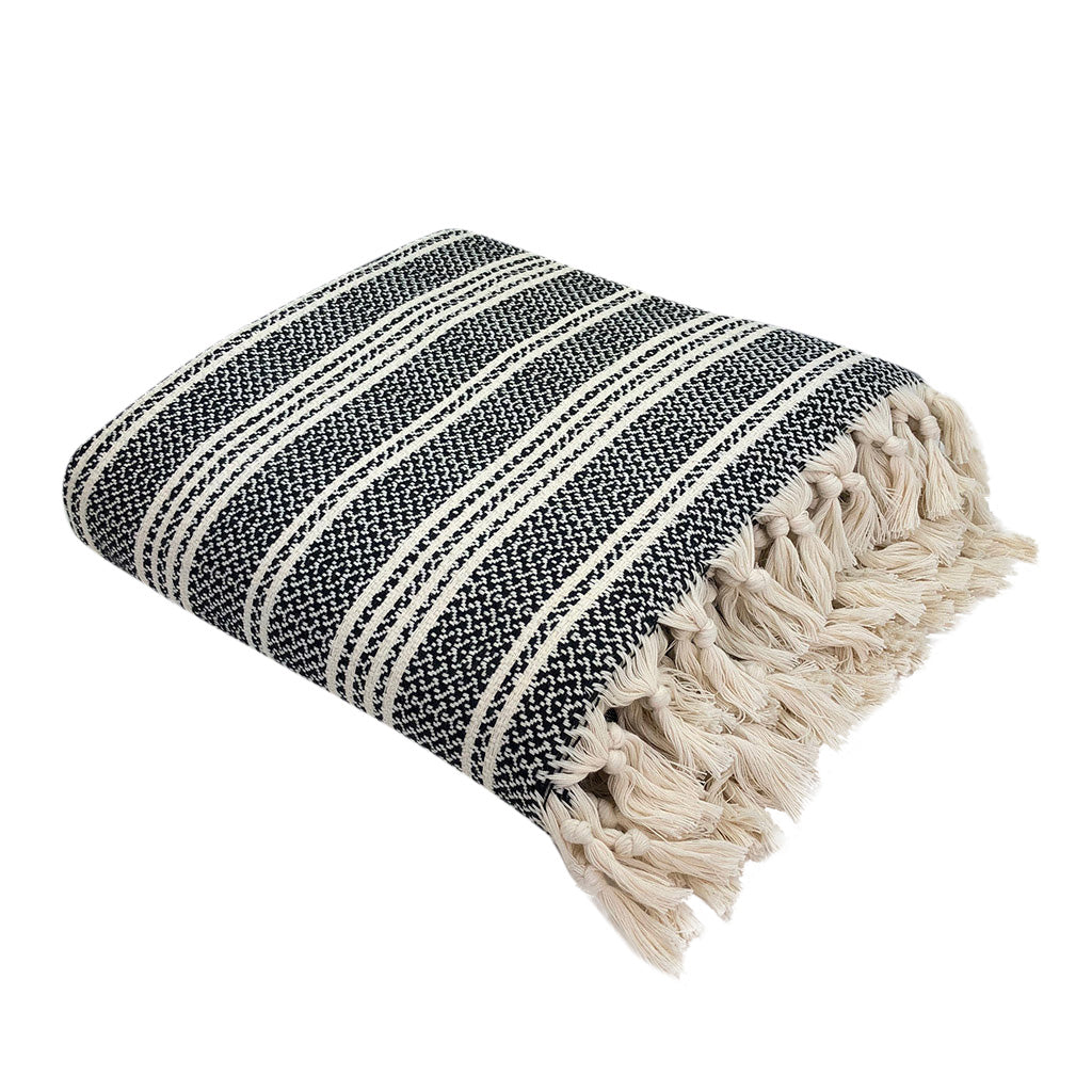 Woven stripe Turkish throw in sand and ivory, soft and cozy for home decor.