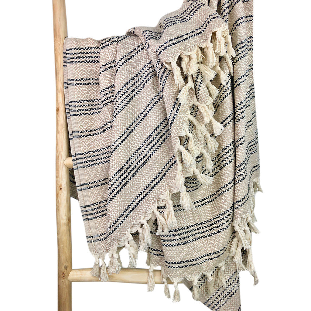 Woven stripe Turkish throw in ivory and sand with blue accents.