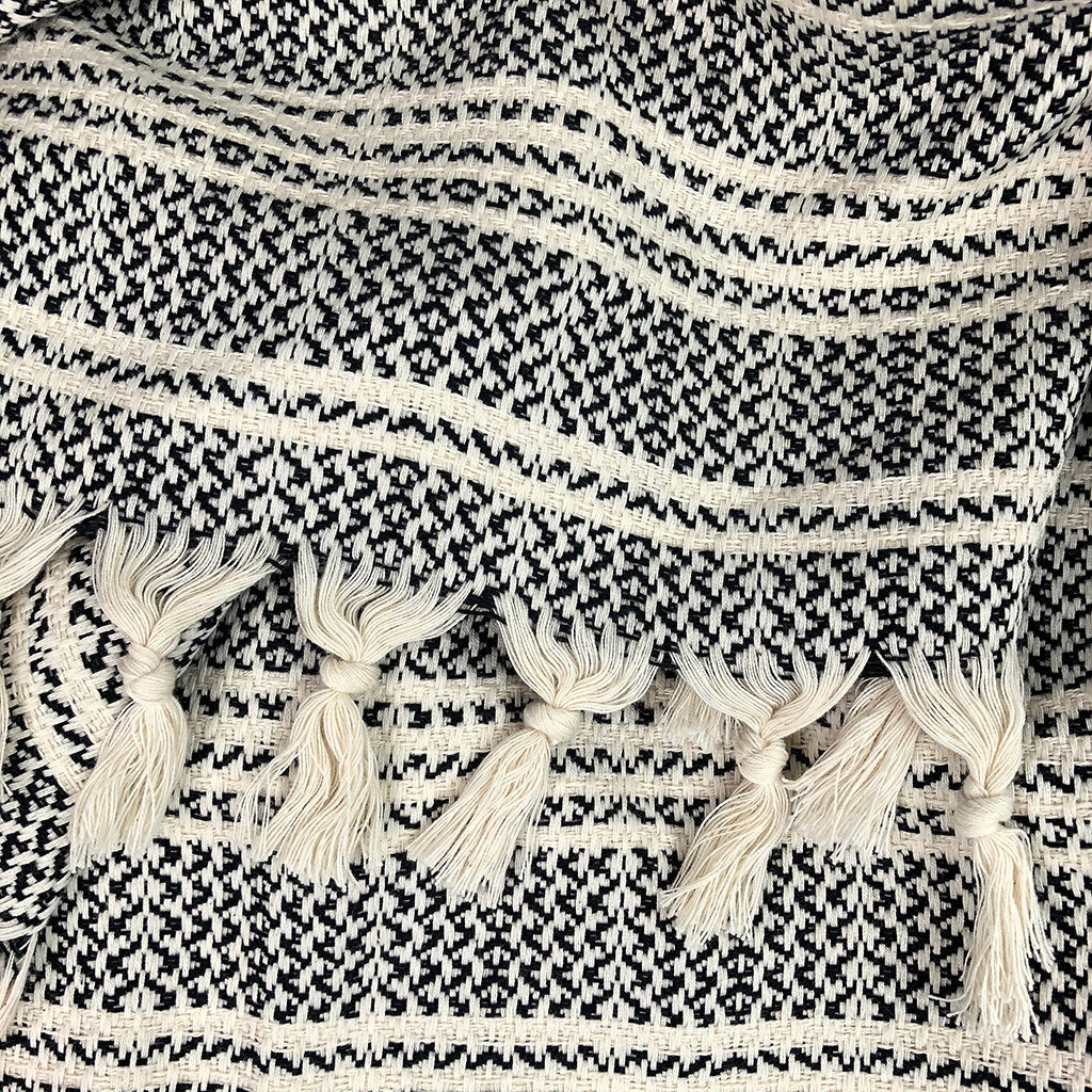 Woven stripe Turkish throw in beige and ivory, soft textured fabric.