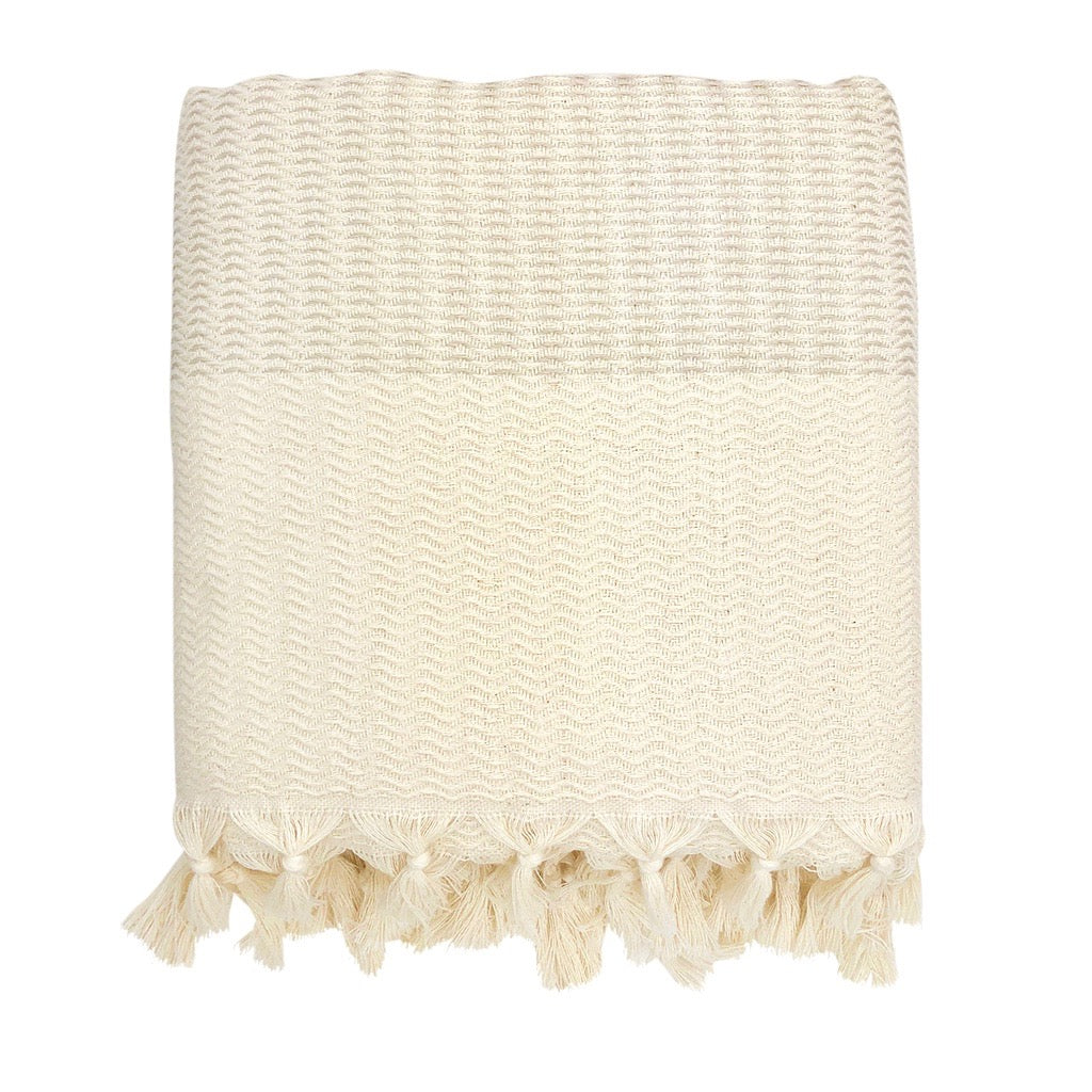 Plush wavy Turkish throw blanket in sand with soft, textured fabric.