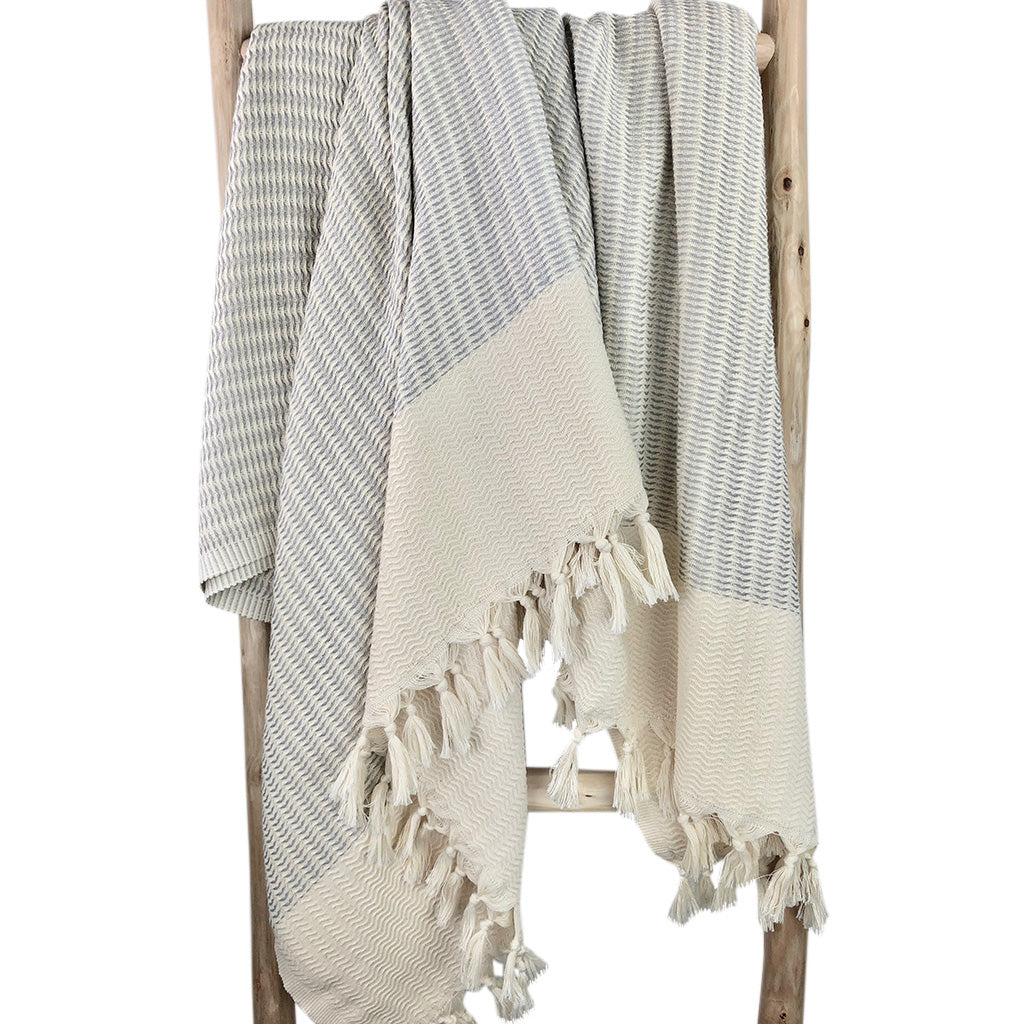 Soft plush wavy Turkish throw blanket in sandy beige with a wavy pattern.