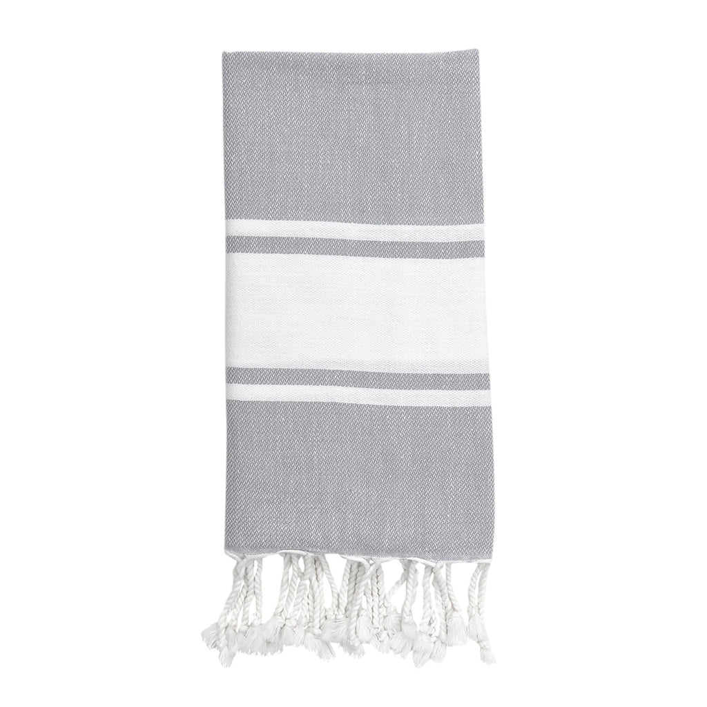 Steel-colored Turkish hand towel with a stripe pattern and absorbent cotton.