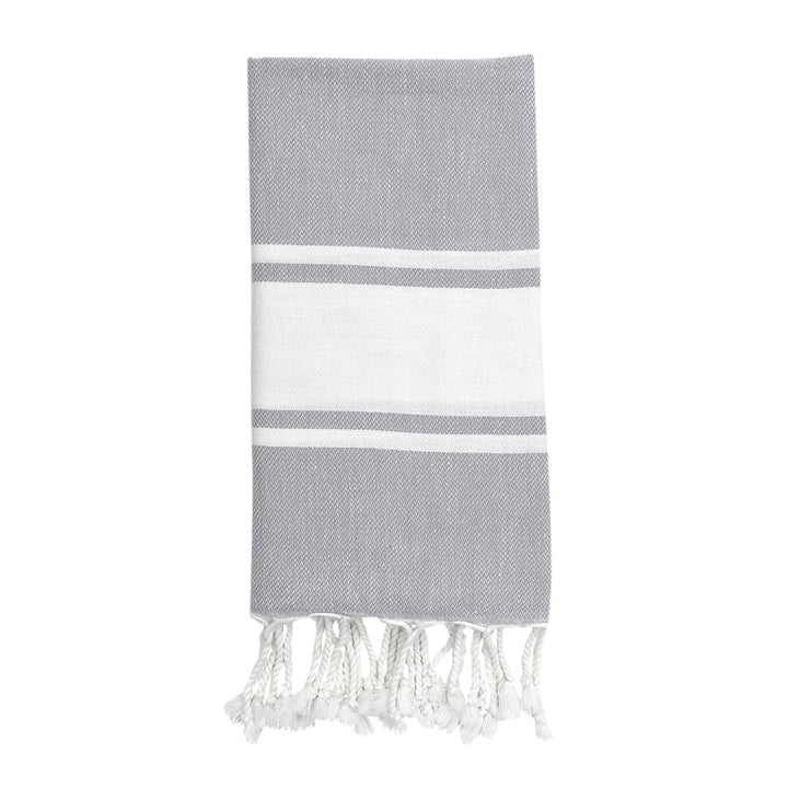 Steel-colored Turkish hand towel with a stripe pattern and absorbent cotton.