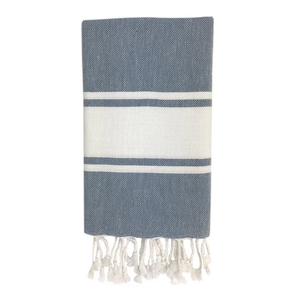 Steel blue Turkish hand towel with a white stripe and absorbent cotton.