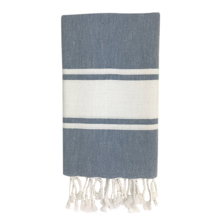 Steel blue Turkish hand towel with a white stripe and absorbent cotton.