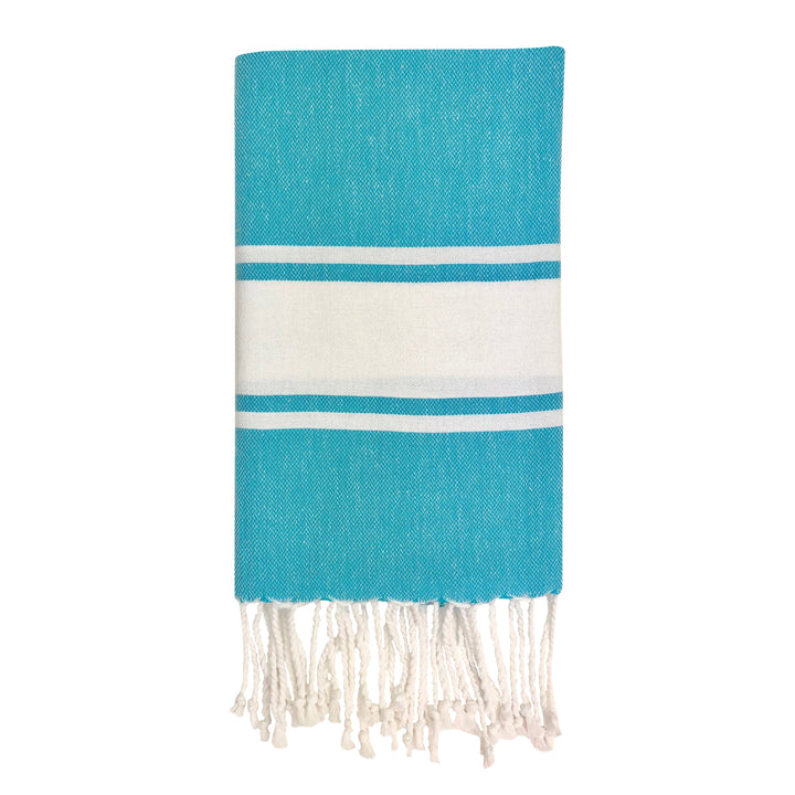 Steel gray Turkish hand towel with a white stripe and soft, textured cotton.