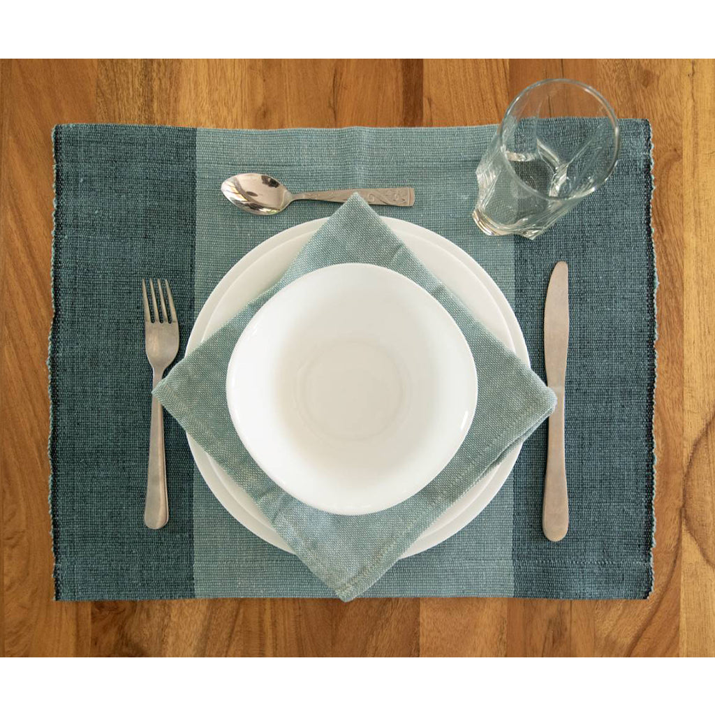 Handwoven cotton color block placemat set with a stone-inspired woven pattern.