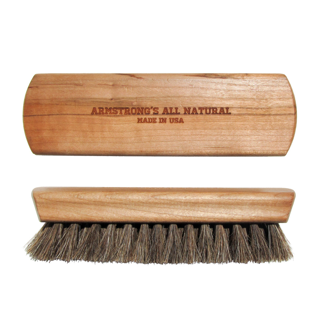 Handcrafted wood-and-horsehair buffing brush for buffing leather to a shine.